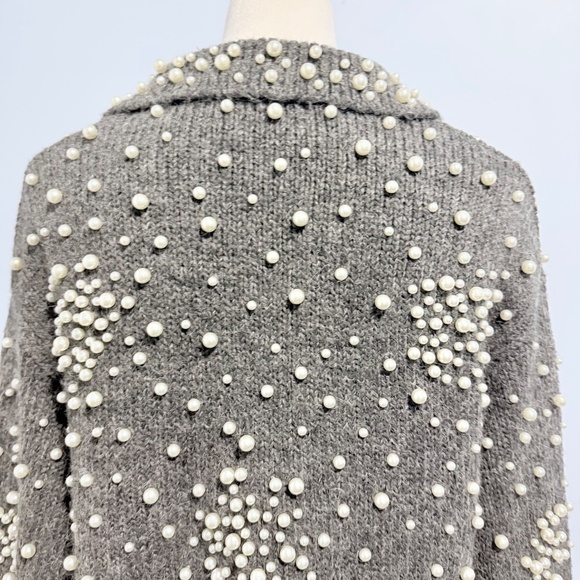 ZARA GREY WOOL ALPACA KNIT CROP CARDIGAN WITH FAUX PEARLS LAPEL COLLAR SIZE S - Picture 5 of 10